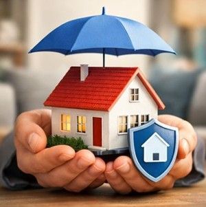 Manos sosteniendo una casita bajo una sombrilla azul, con un escudo. Concepto de seguro de hogar.
