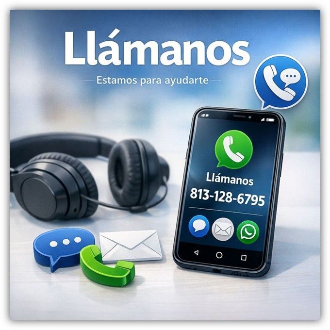 Anuncio con teléfono, auriculares, iconos de mensaje y número de teléfono 813-128-6795. 