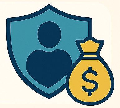 Escudo azul con icono de persona, junto a una bolsa de dinero amarilla con un signo de dólar.