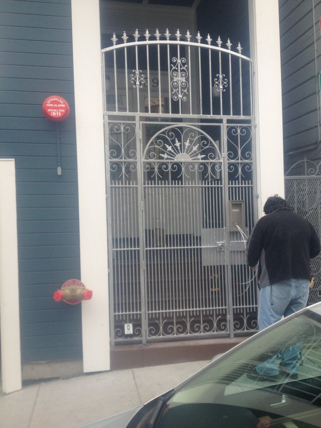 A man is standing in front of a wrought iron gate