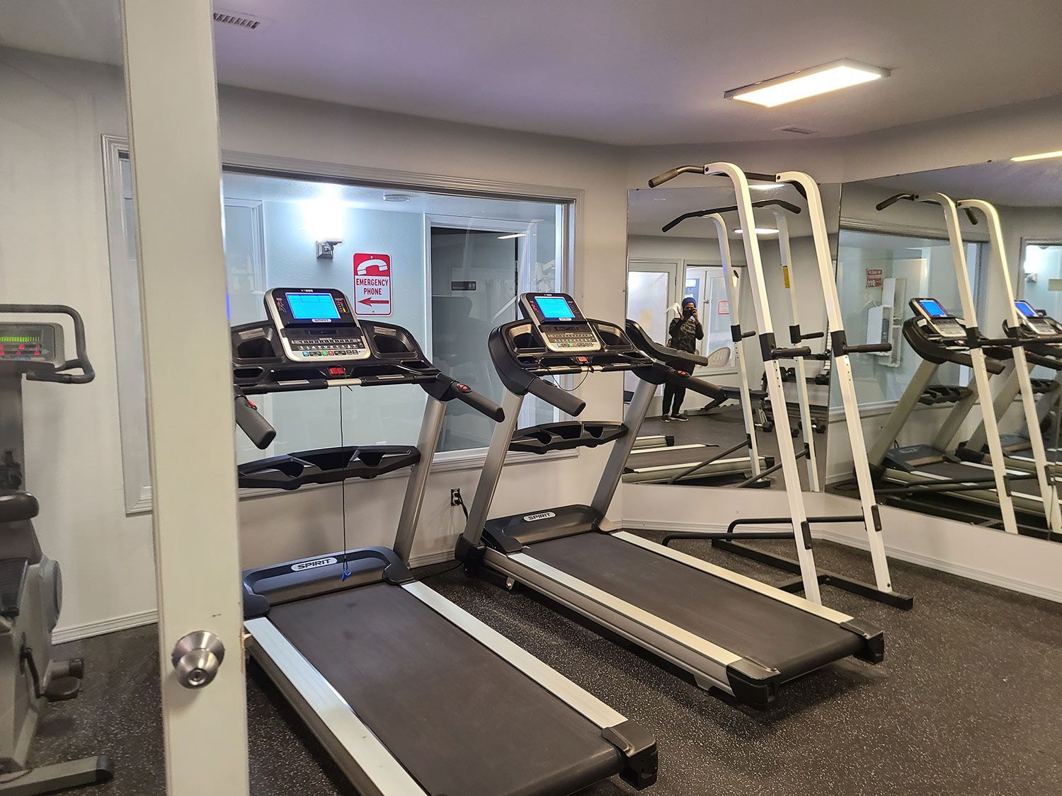 Interior of a Gym with Treadmills and Weight Equipment