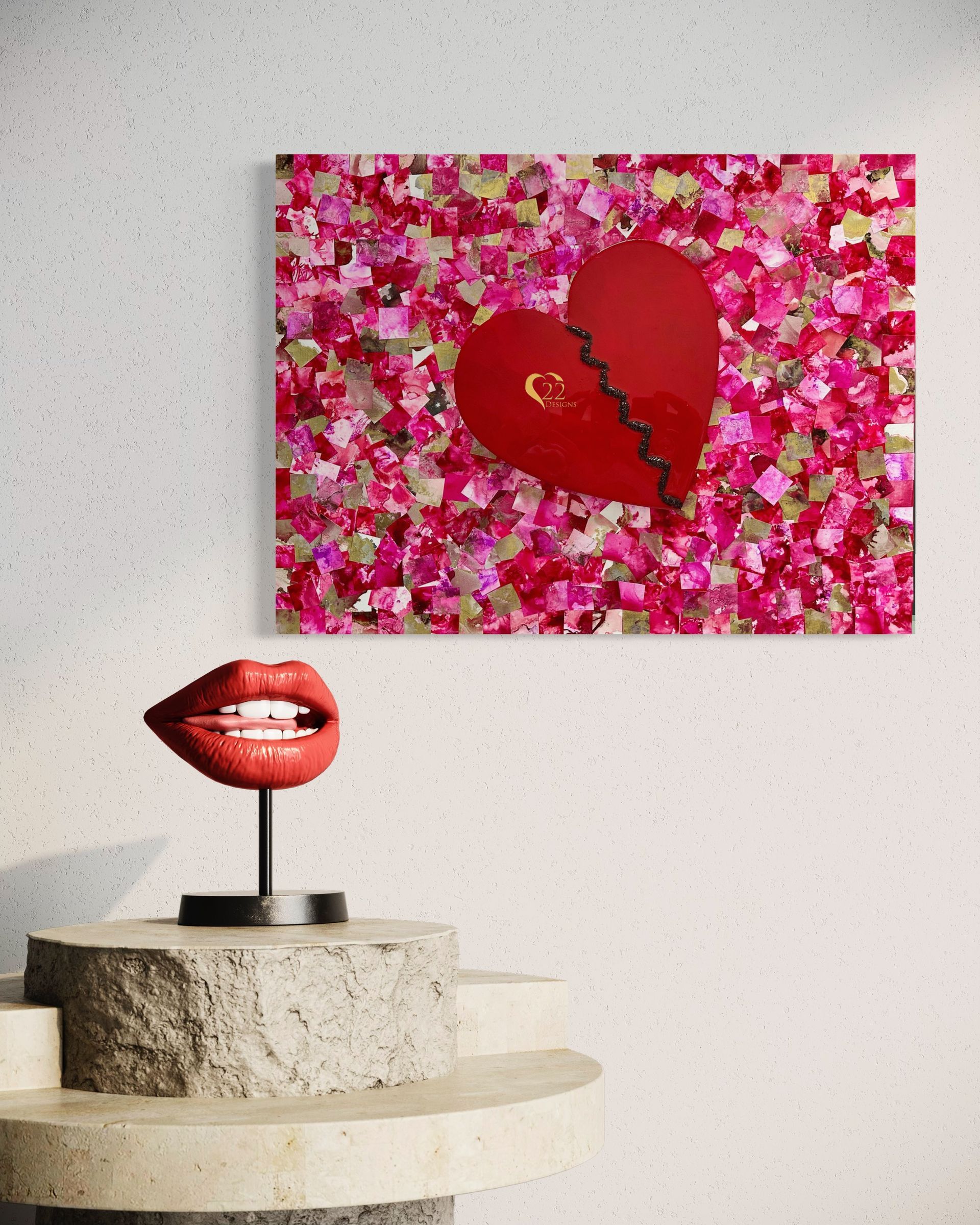 A painting of a broken heart with a chain around it