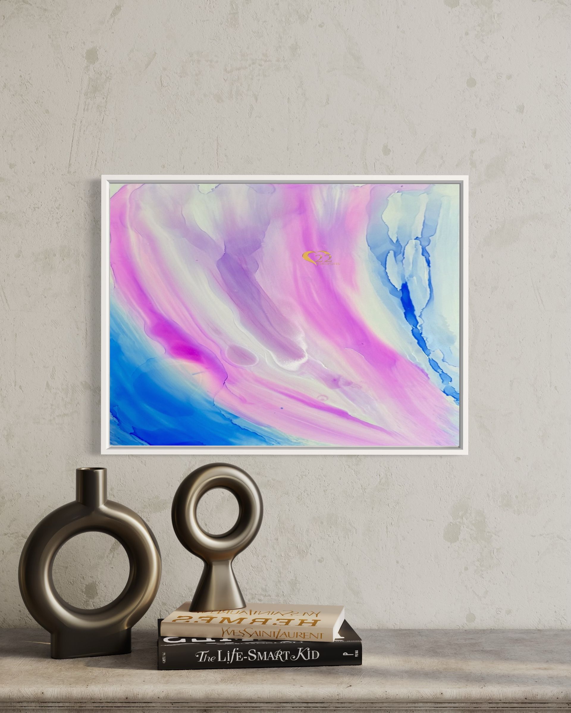 A painting is hanging on a wall next to two vases and a book