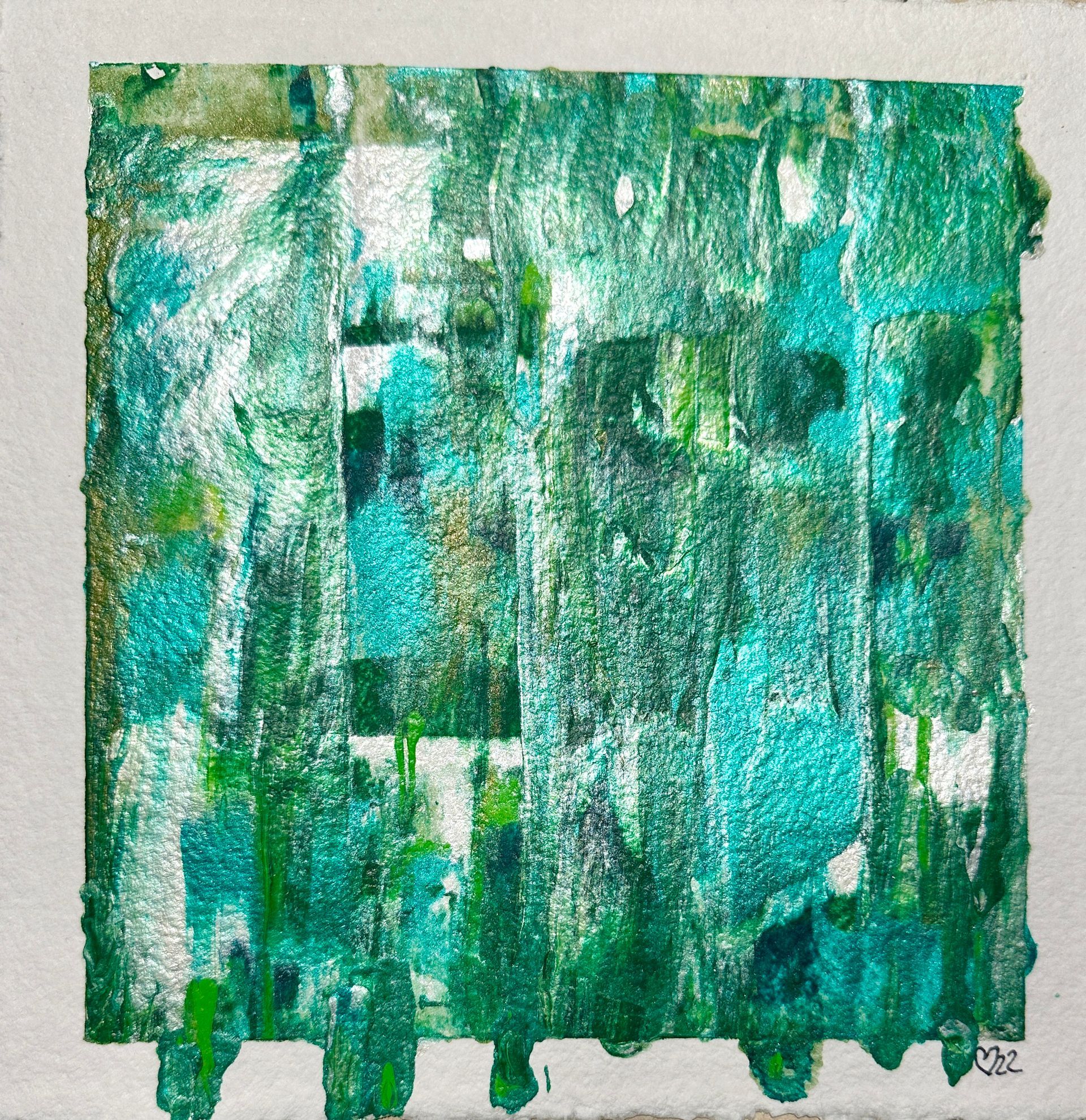 A painting of a turquoise and green landscape on a white background.