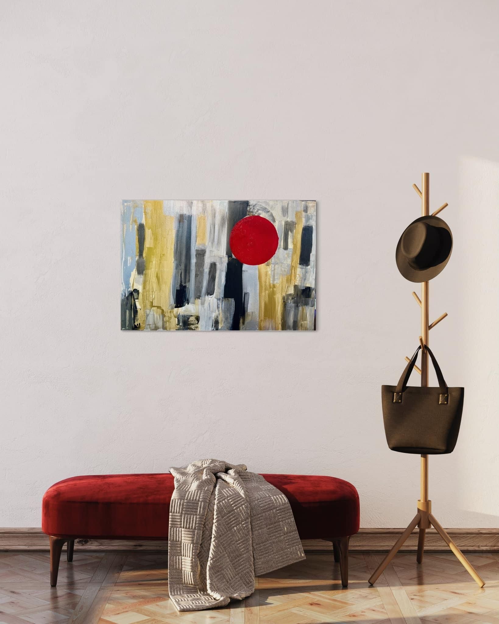 There is a painting on the wall above the bench.