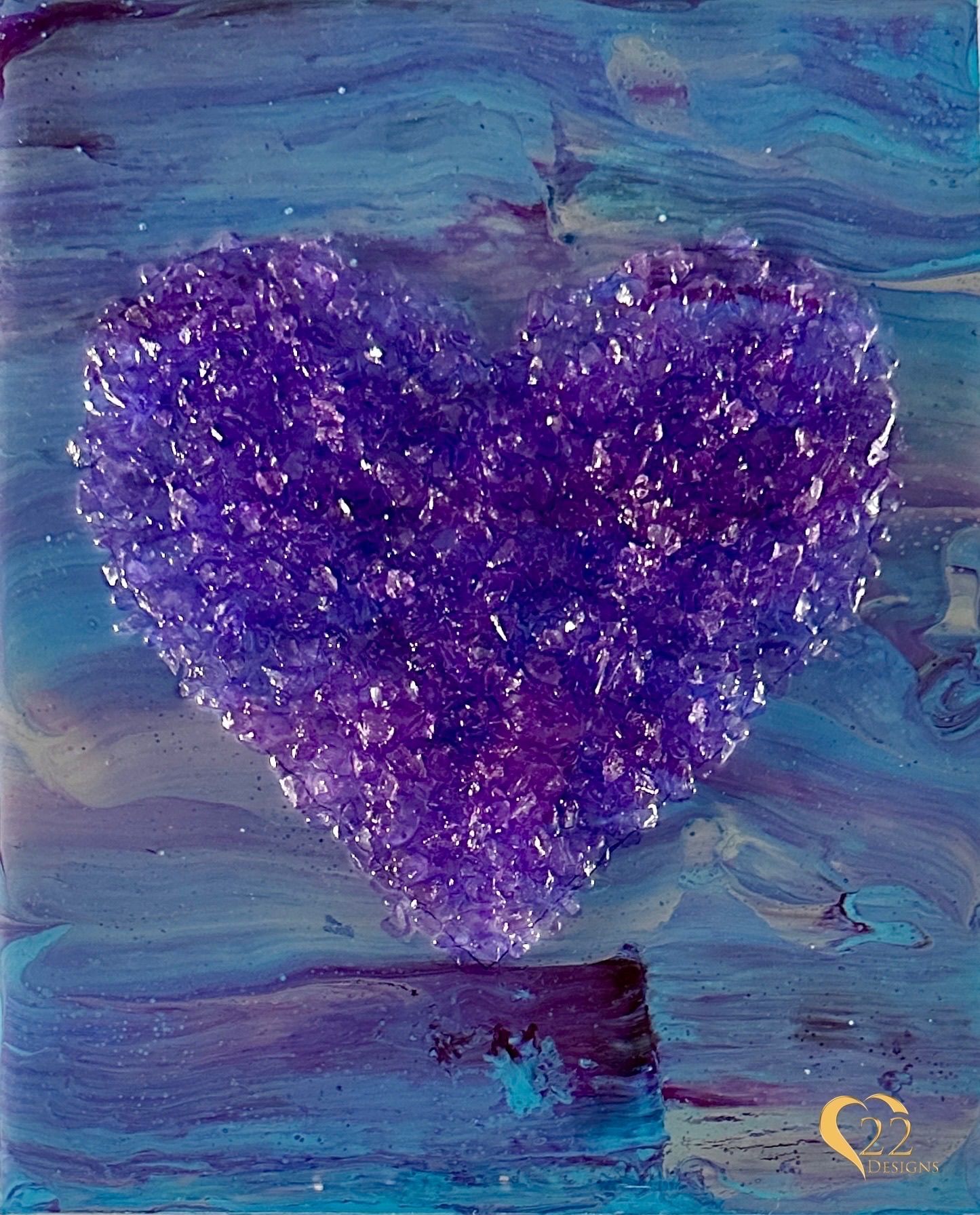 A painting of a purple heart on a blue background
