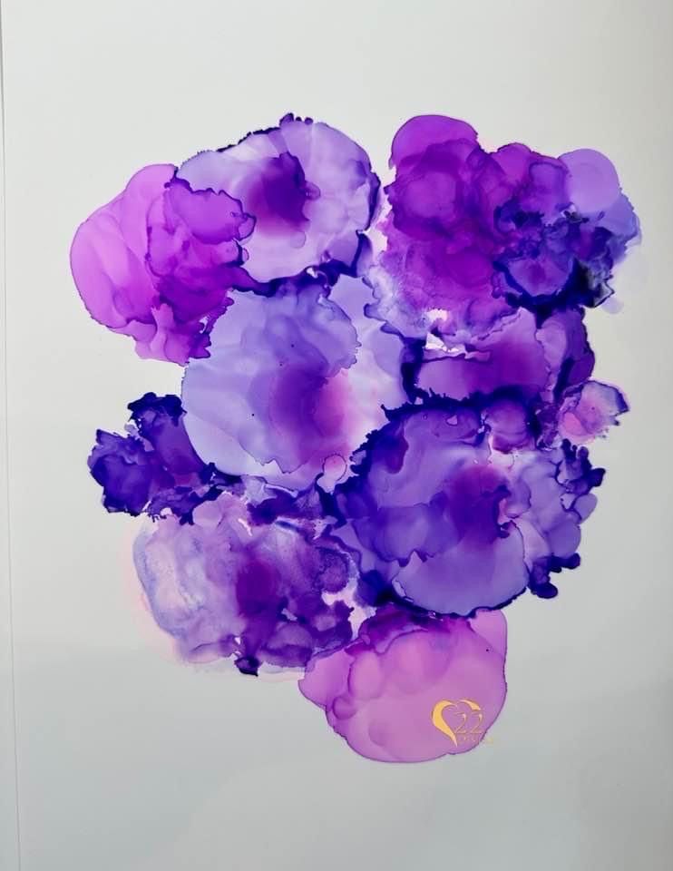 A painting of purple flowers on a white background