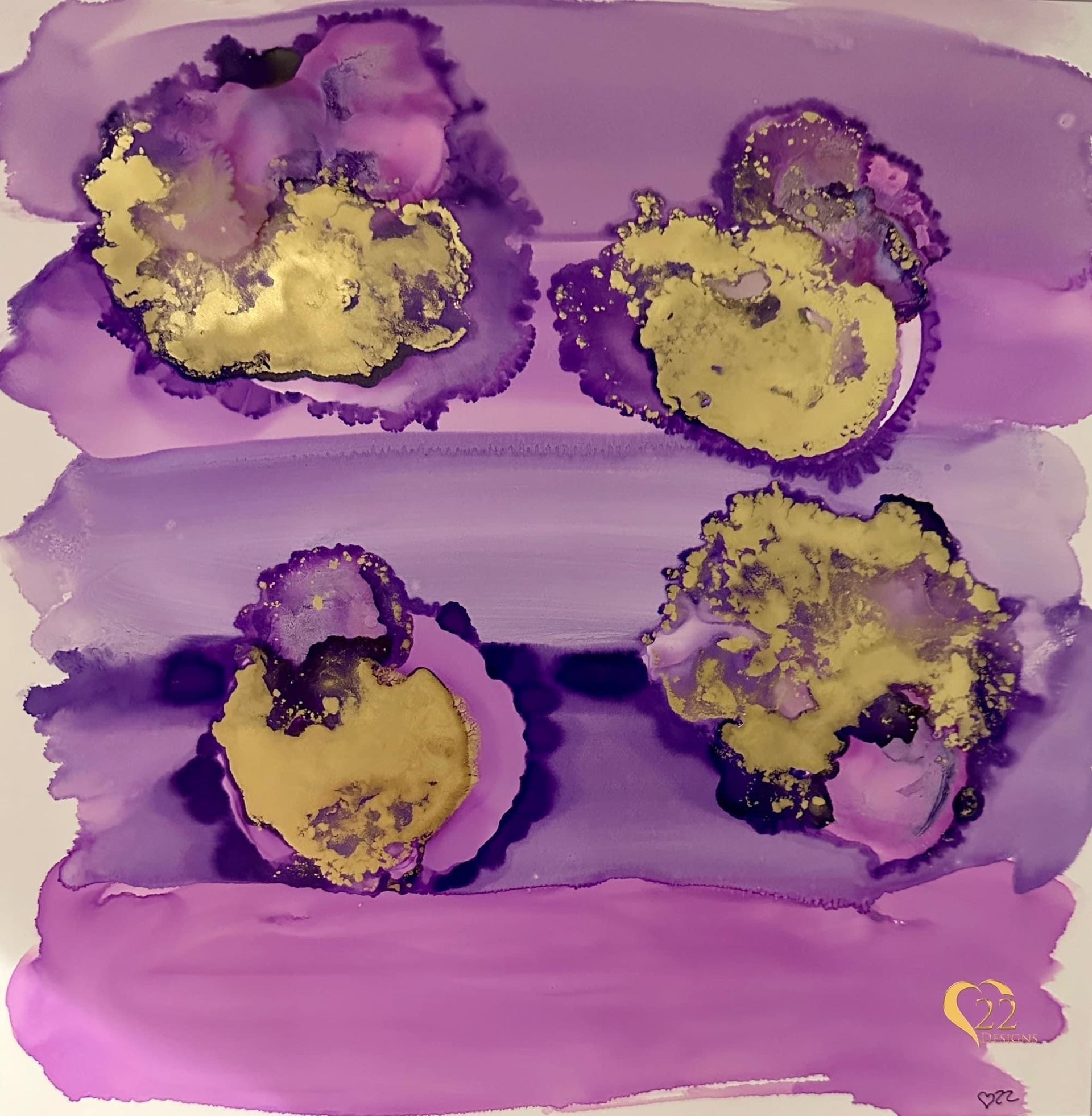 A painting of purple and gold flowers on a white background