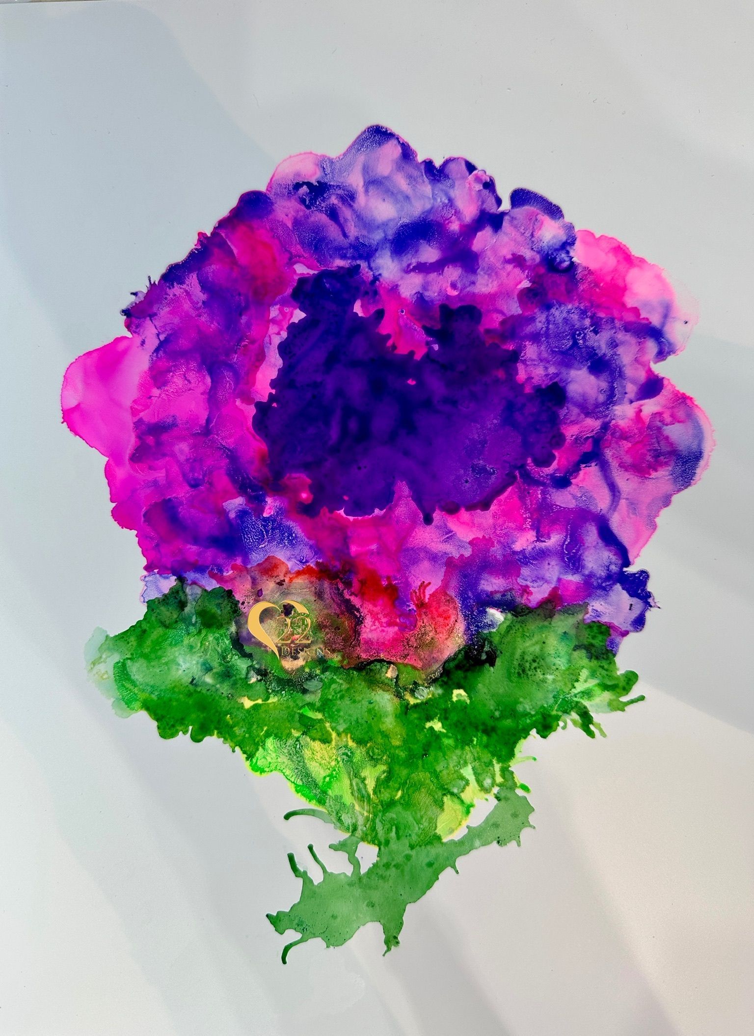 A painting of a purple flower with green leaves