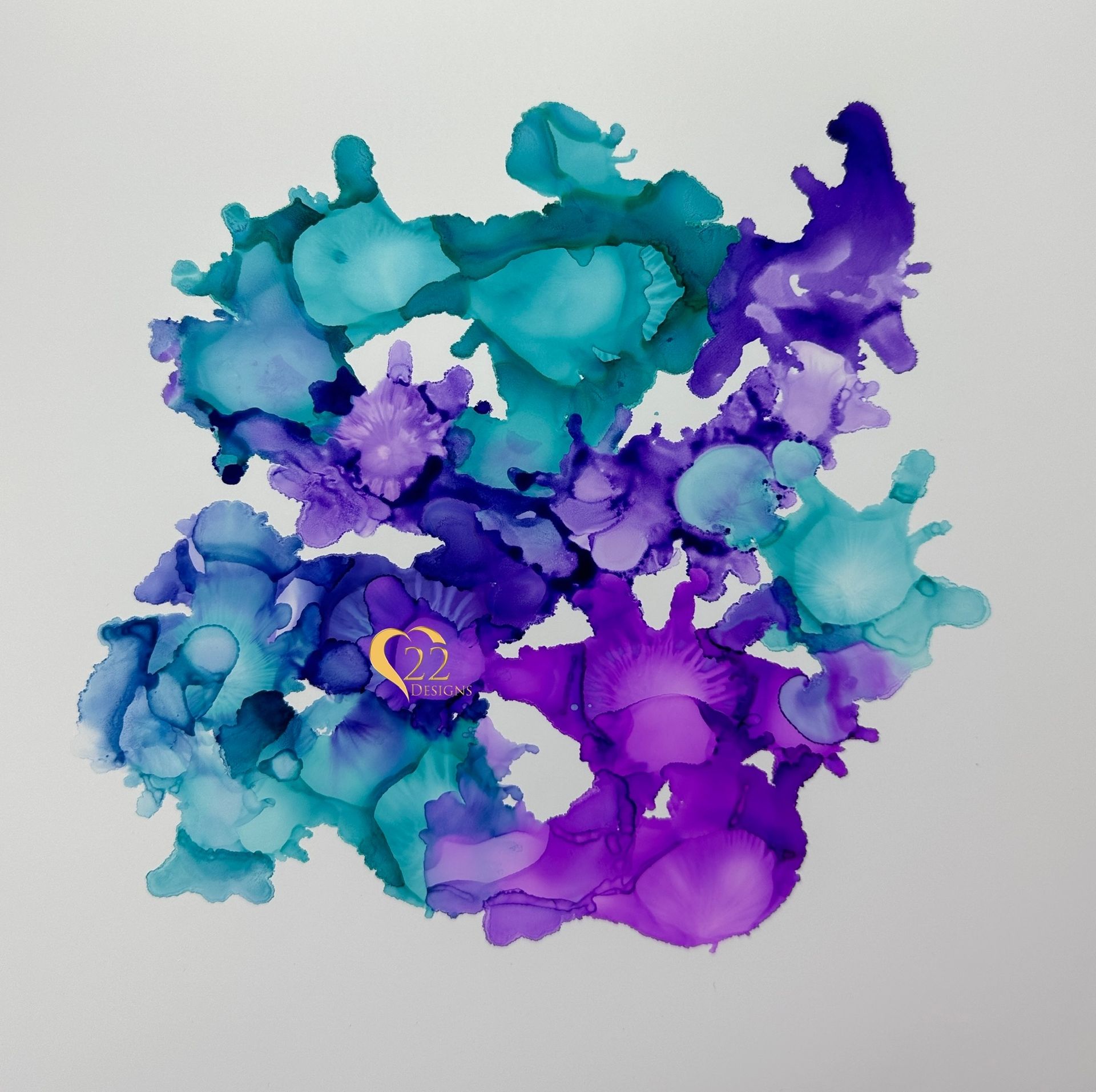 A purple and blue painting with the letter g on it