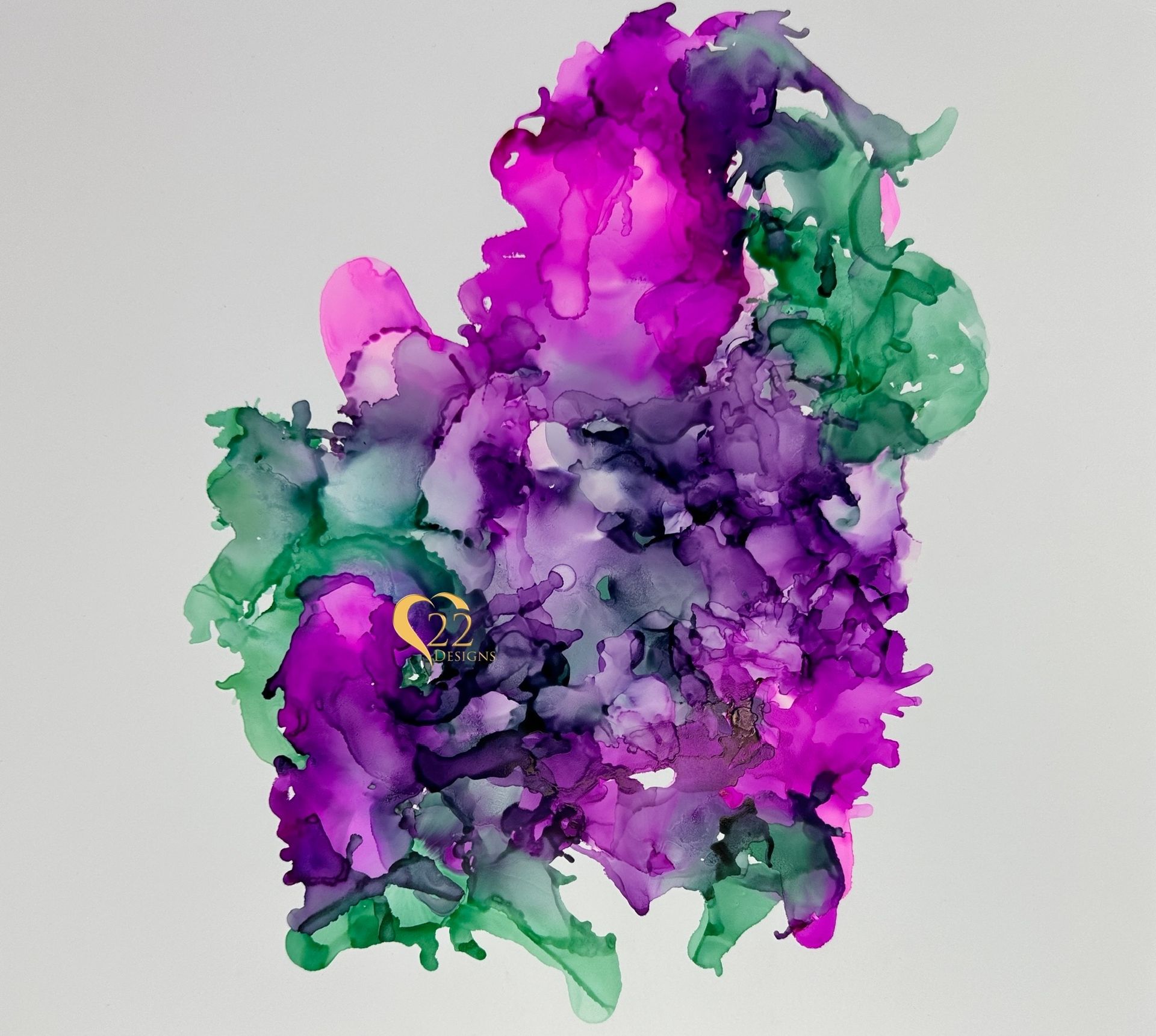 A painting of purple and green flowers on a white background