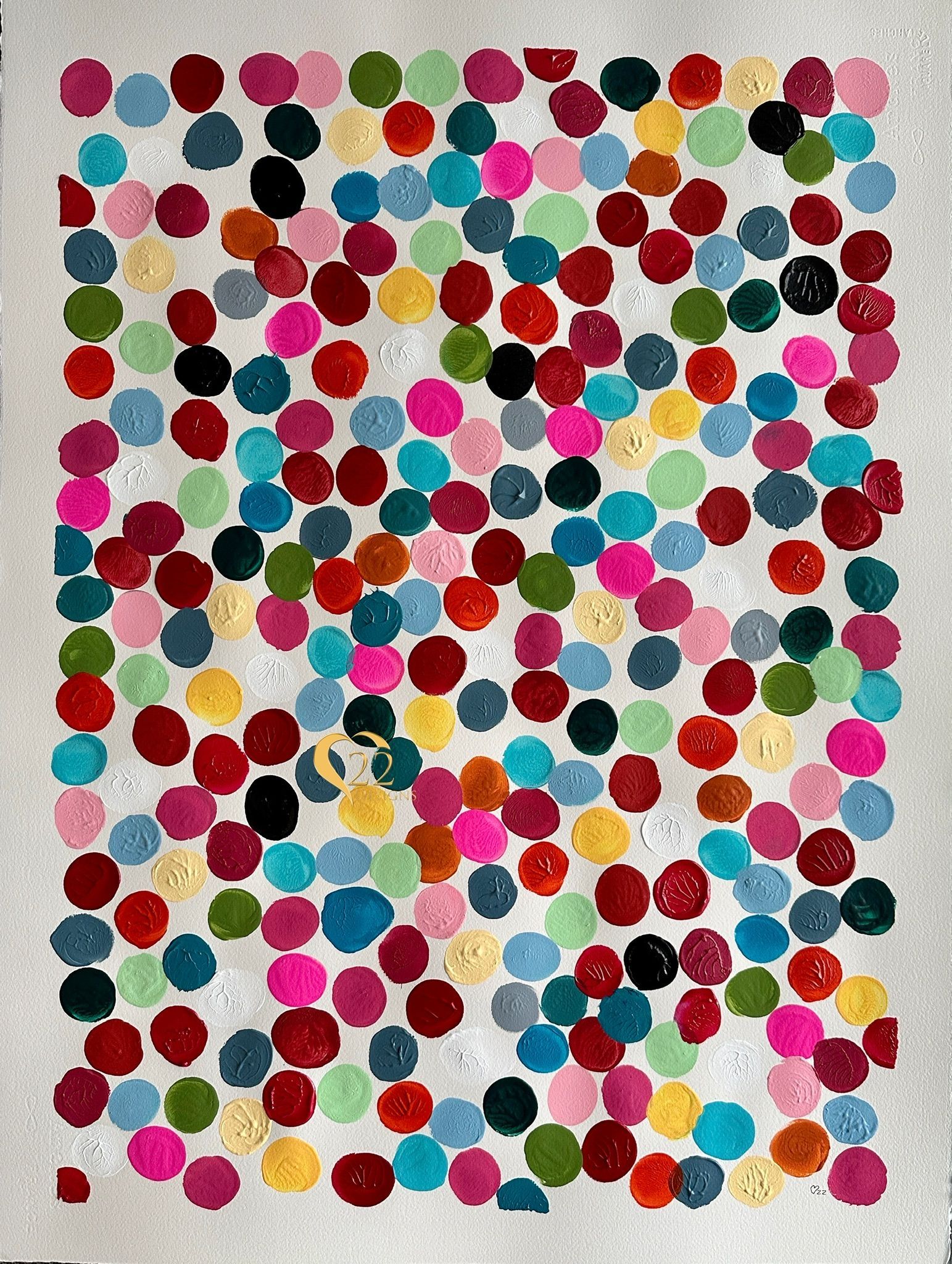 A painting of colorful polka dots on a white background