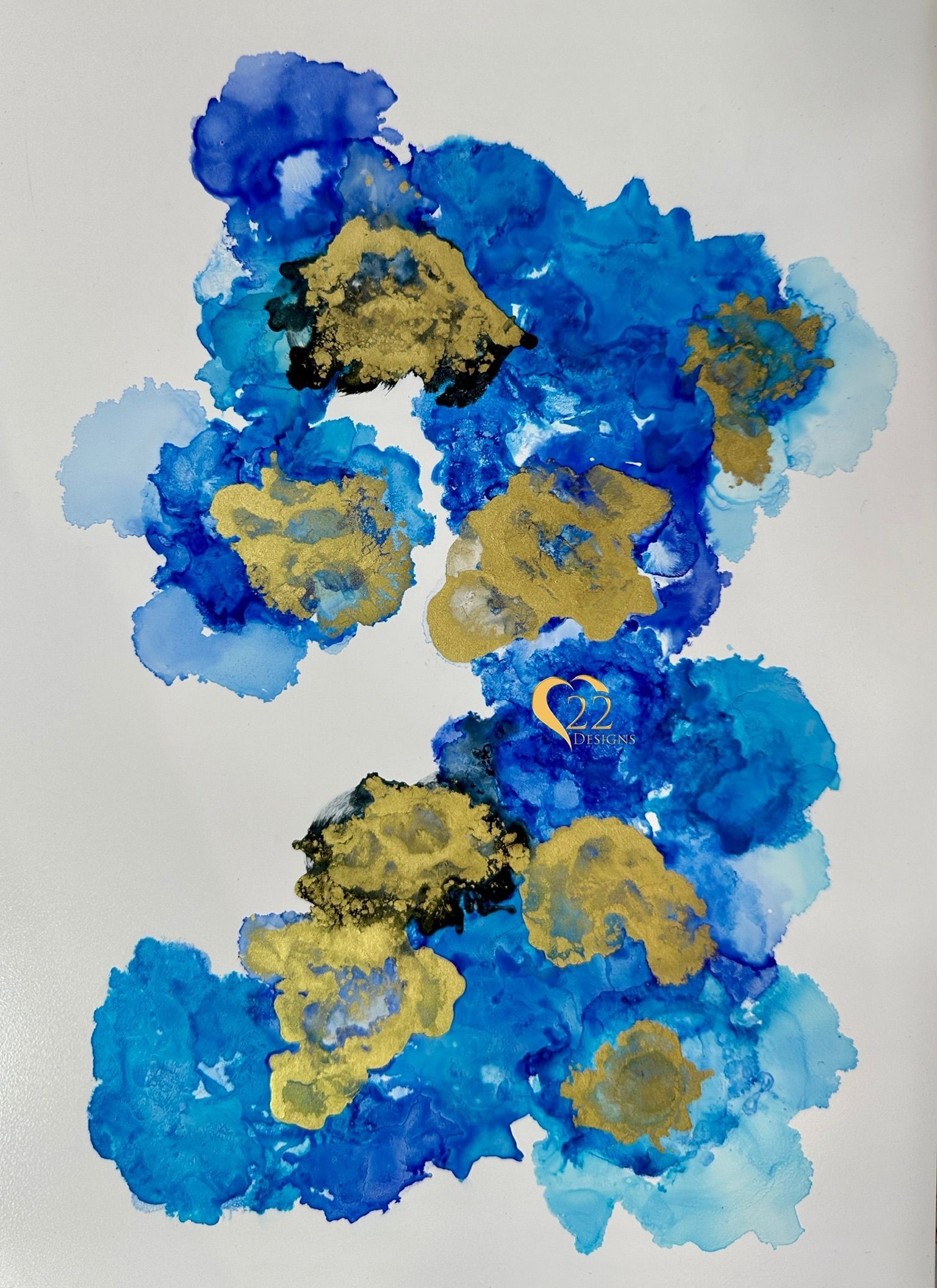 A painting of blue and gold flowers on a white background