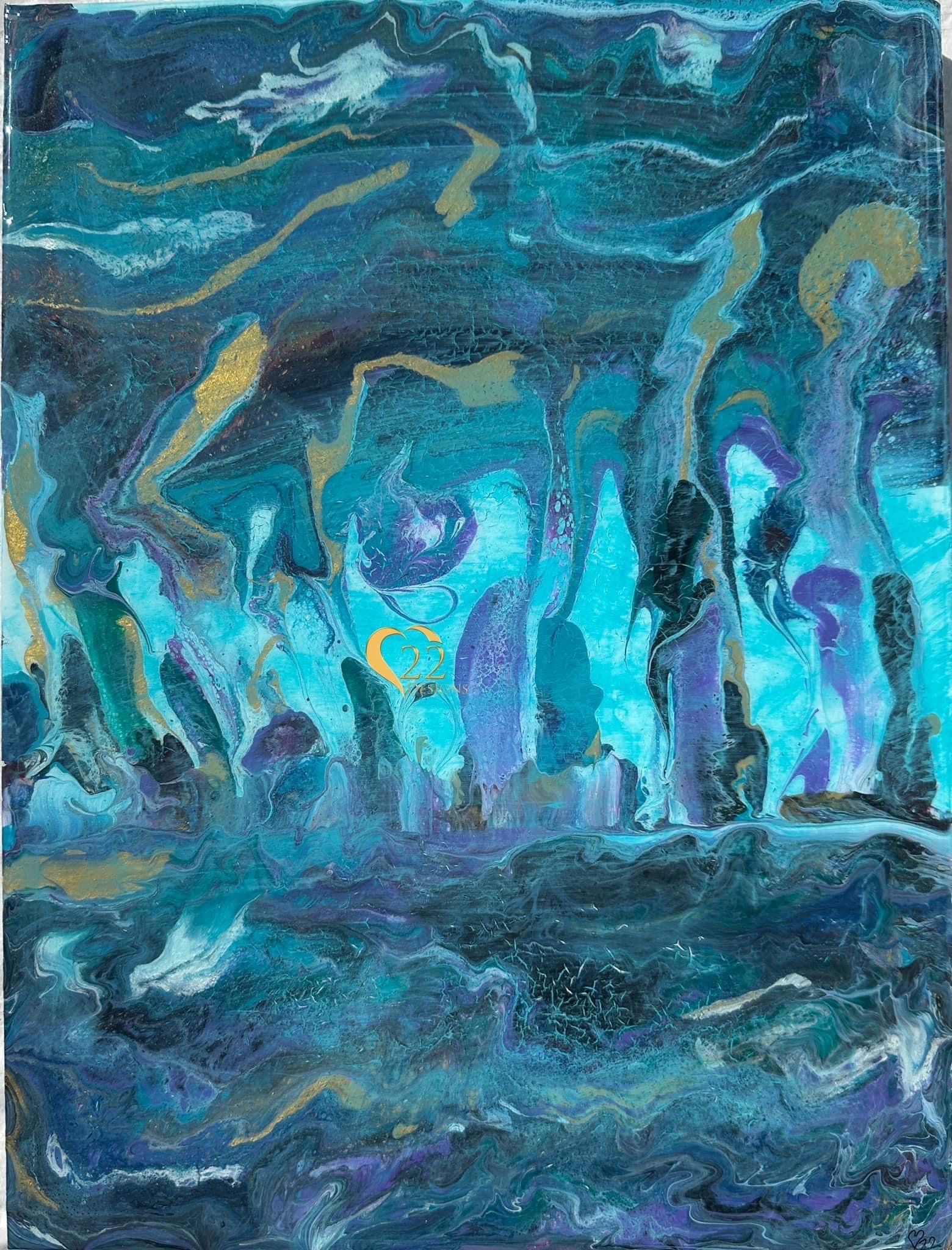 A close up of a painting of a blue and purple background.