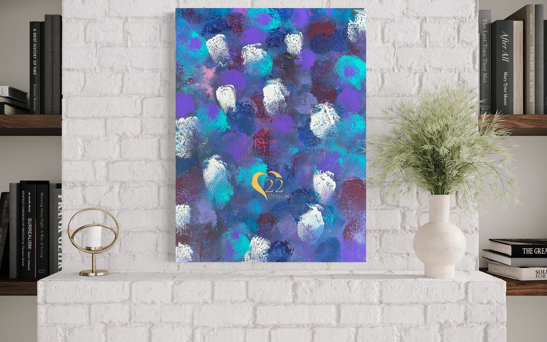 A painting is hanging on a white brick wall in a living room.