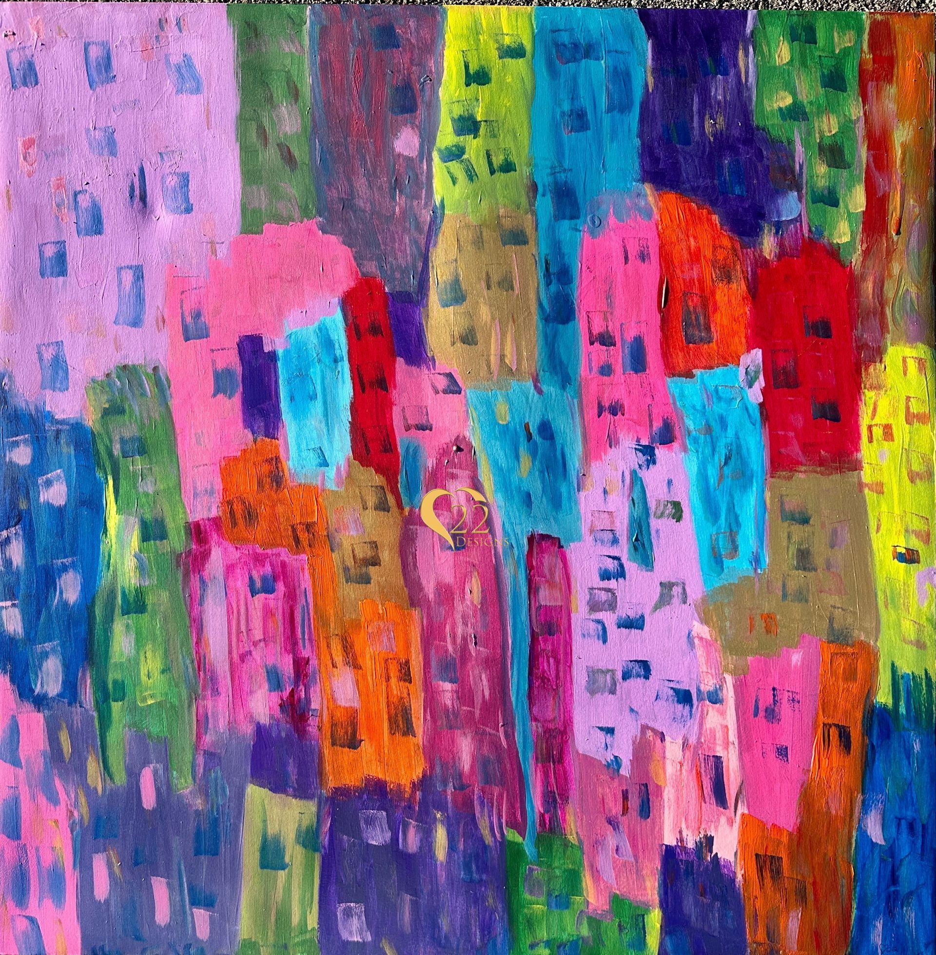 A colorful painting of a city with lots of buildings