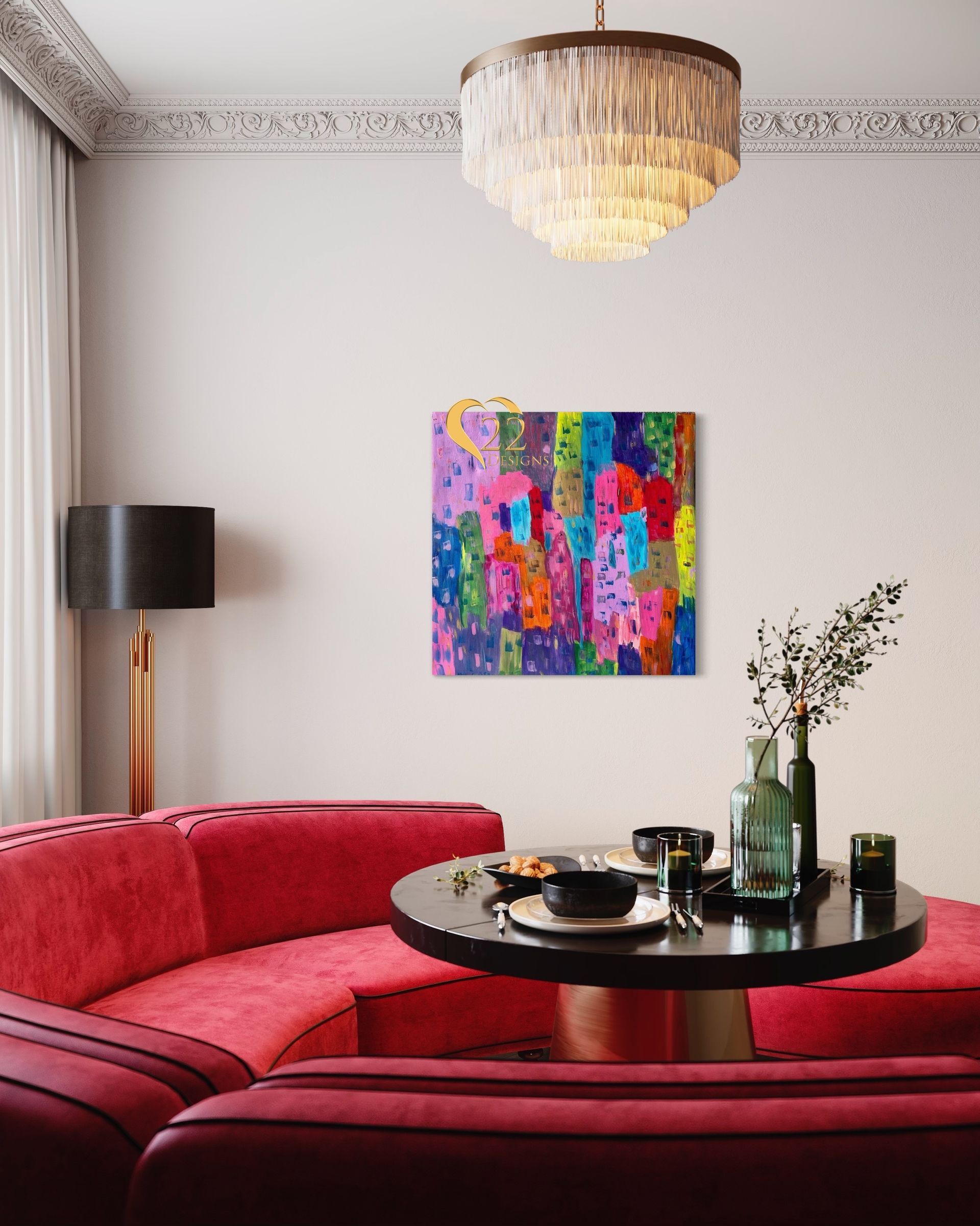 A living room with a red couch and a table