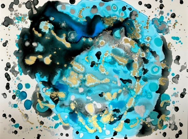 A painting of a blue and black circle on a white background