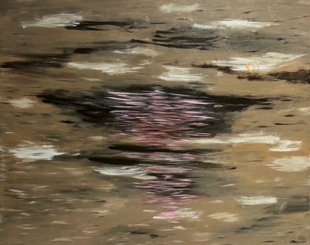 A painting of a puddle of water with a reflection of a tree in it.