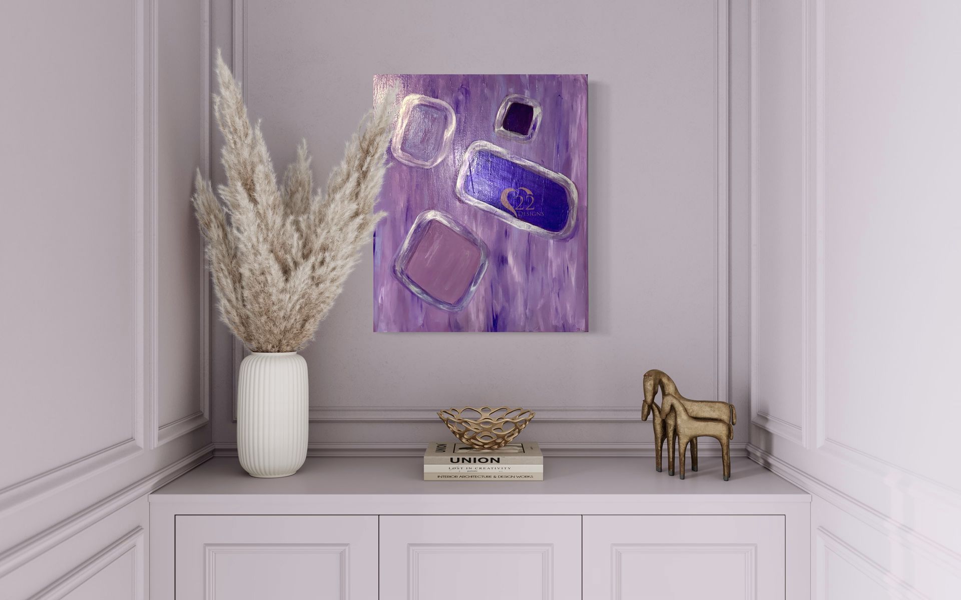 There is a painting on the wall above the dresser.