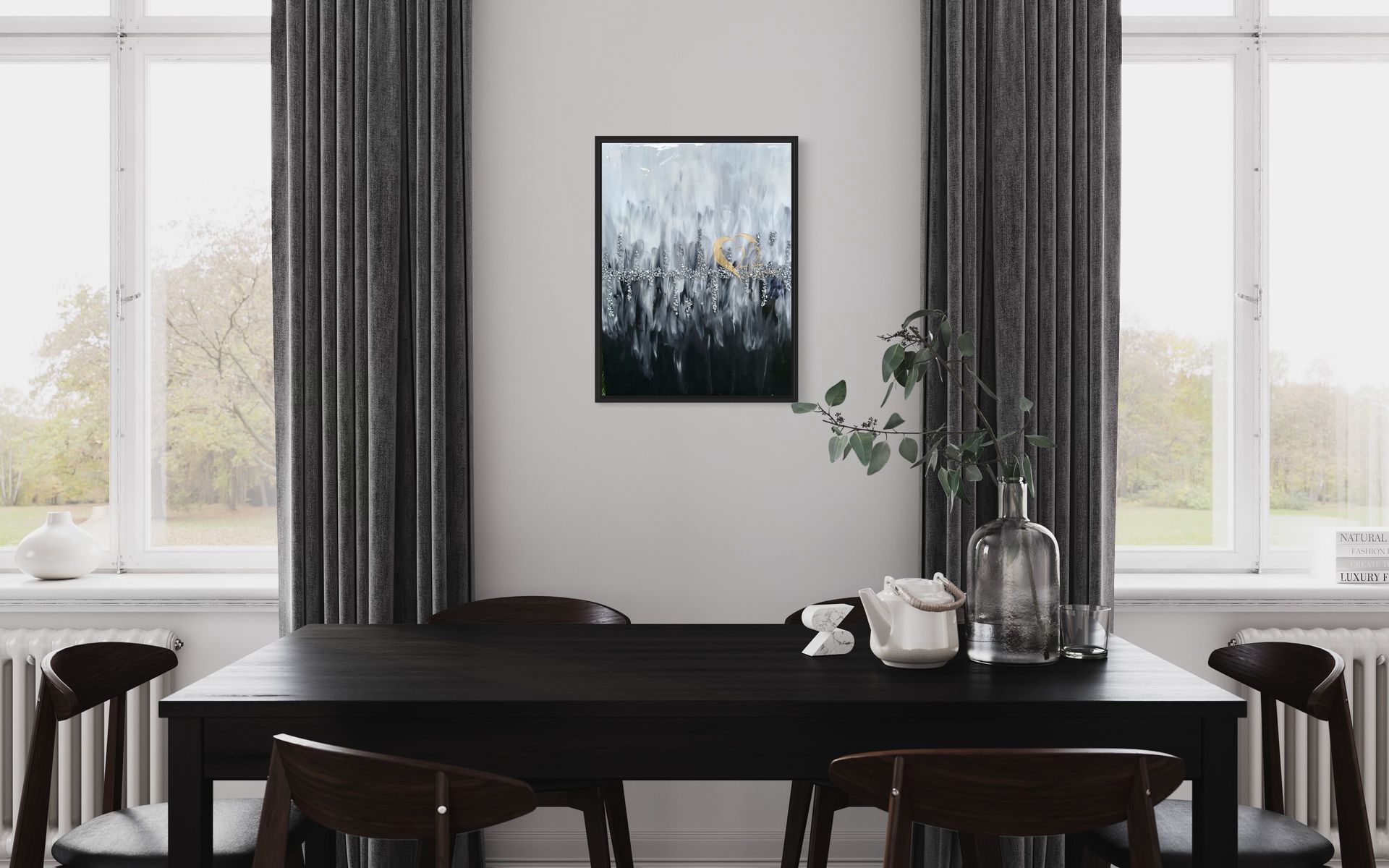 A dining room with a table and chairs and a painting on the wall.