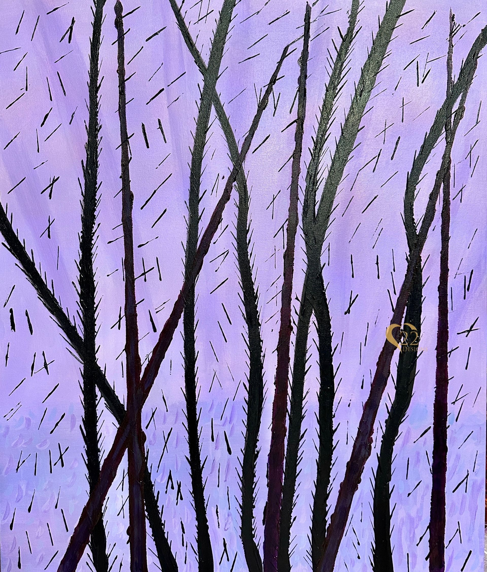 A painting of trees with a purple background