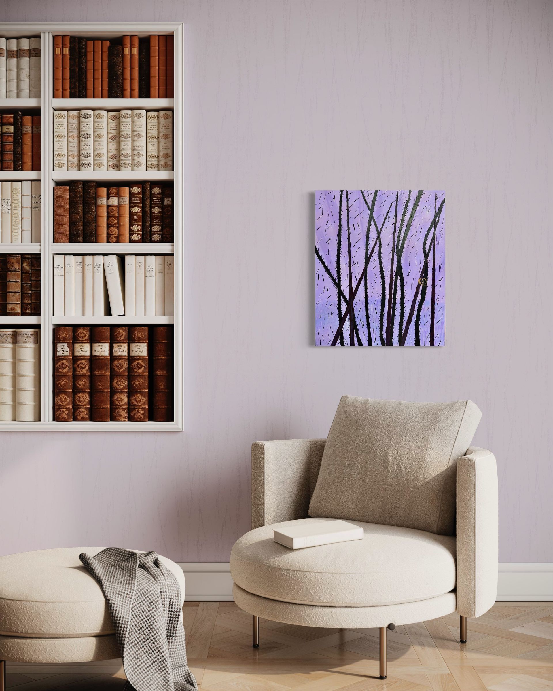 A living room with a chair and a painting on the wall