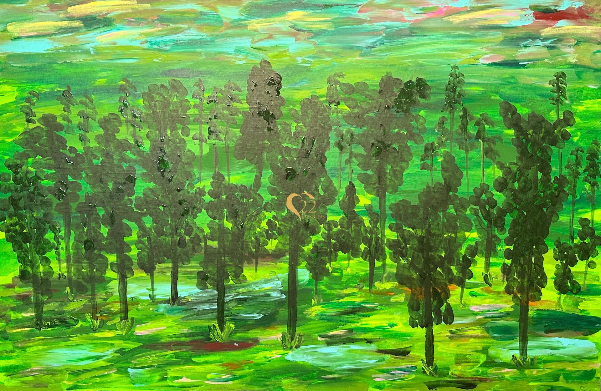 It is a painting of a forest with trees in the foreground and a river in the background.