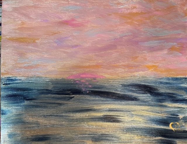 It is a painting of a sunset over the ocean.