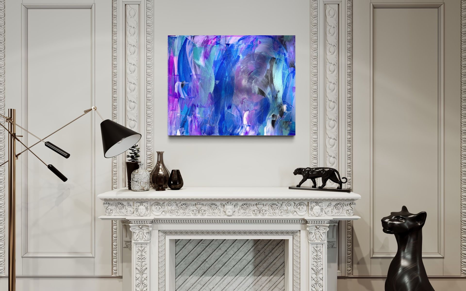 A living room with a fireplace and a painting on the wall.