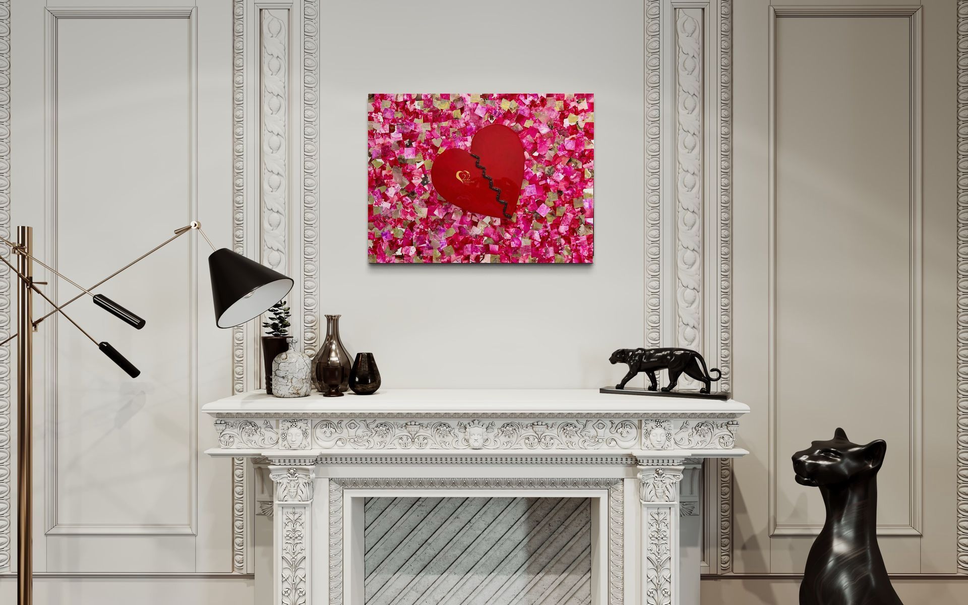 A living room with a fireplace and a painting on the wall.