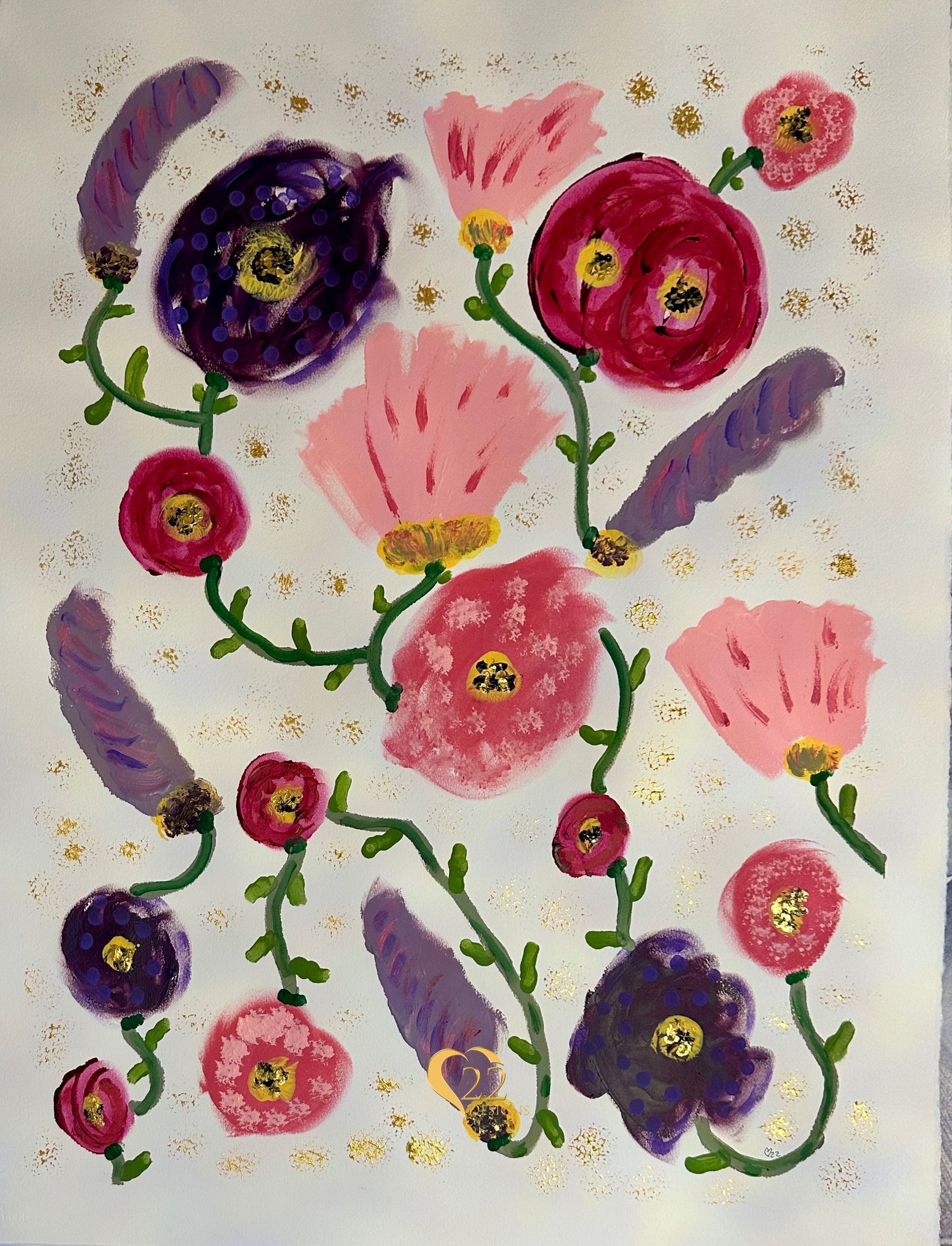A painting of pink and purple flowers on a white background