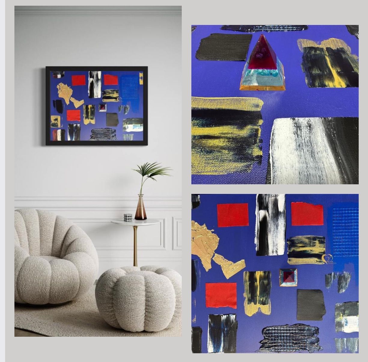 A living room with a chair and a painting on the wall