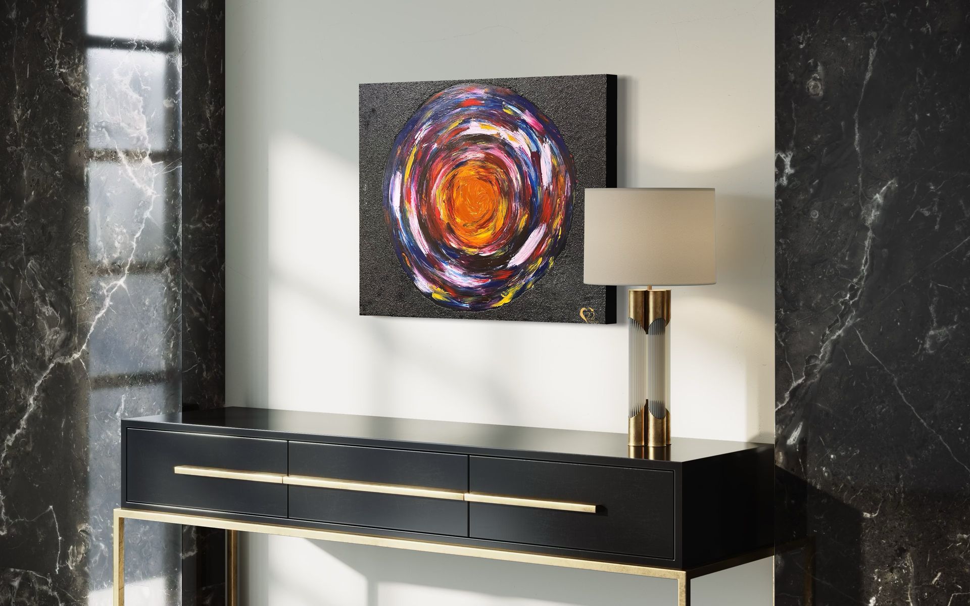 A black console table with a lamp and a painting on the wall above it.
