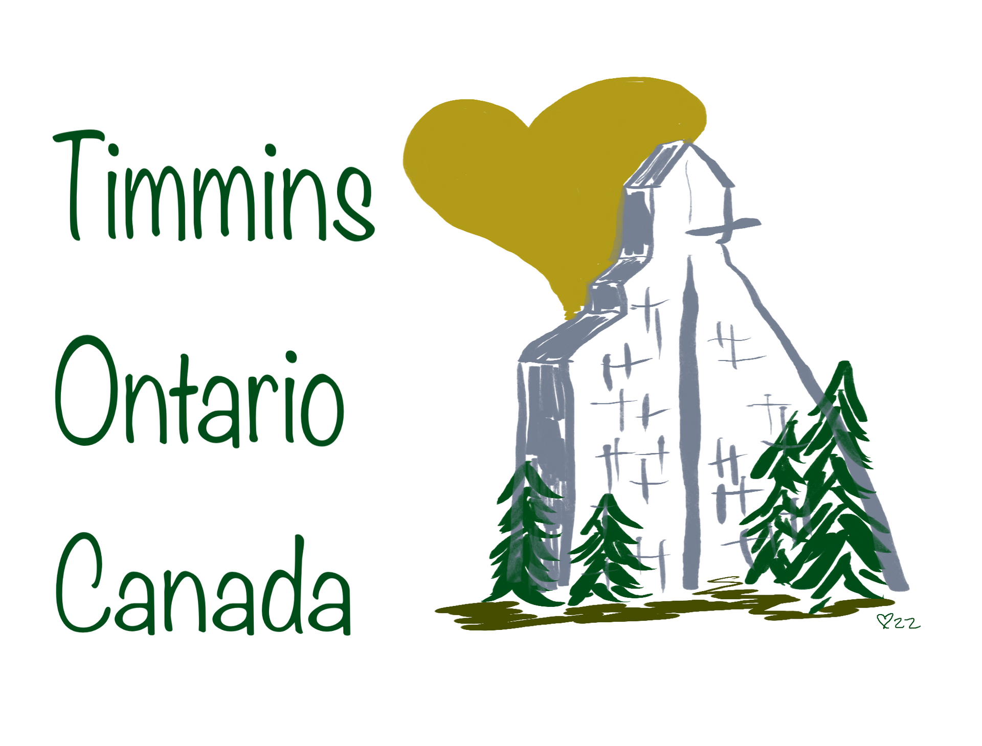 A logo for timmins ontario canada with a church and trees