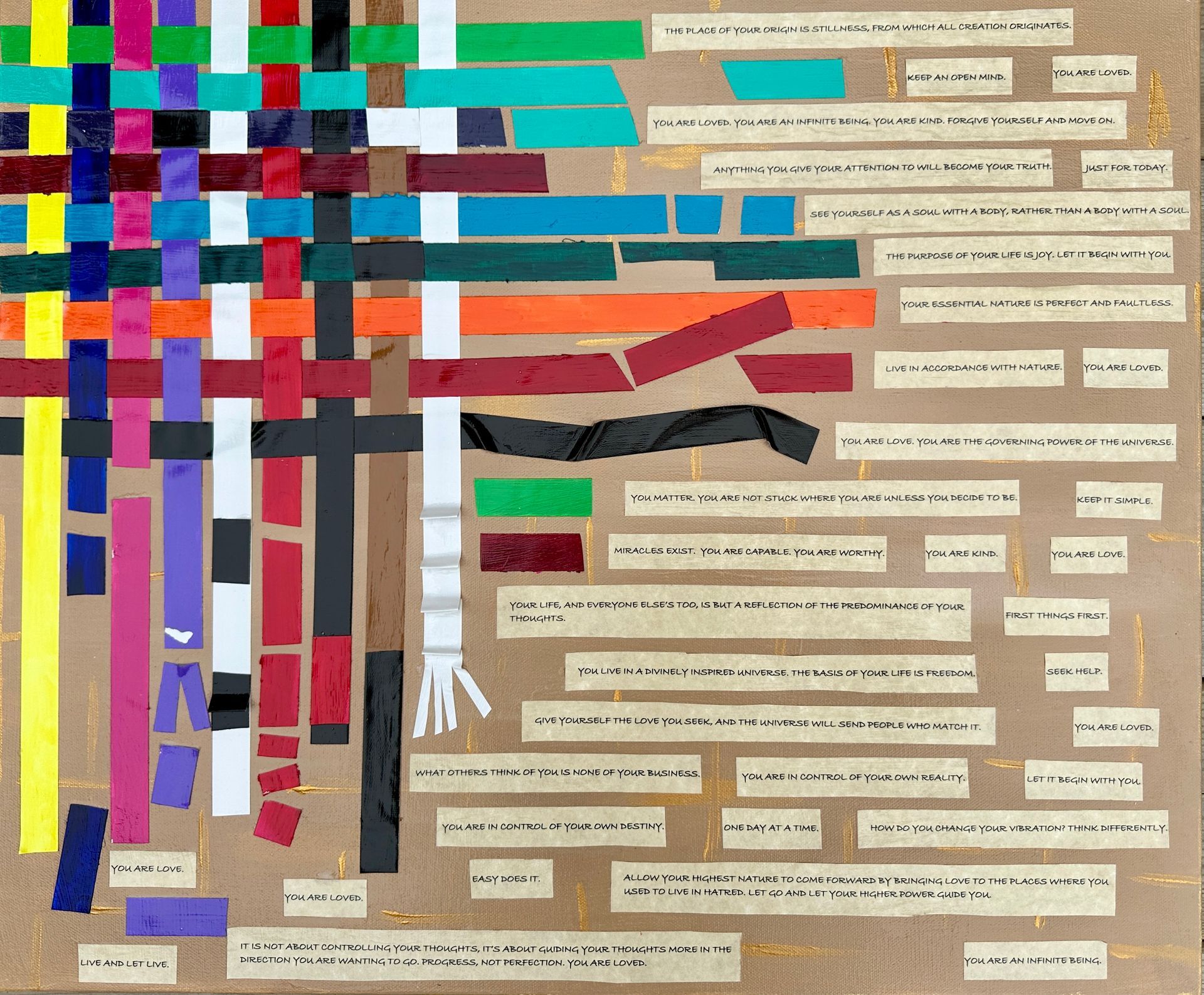 A collage of colorful ribbons on a brown background