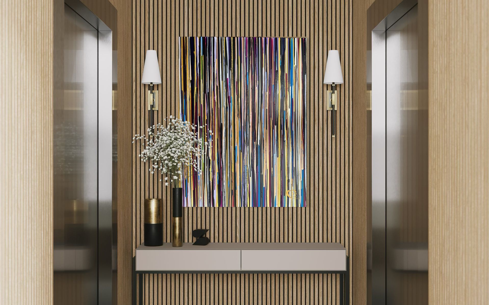 There is a painting on the wall in the hallway.