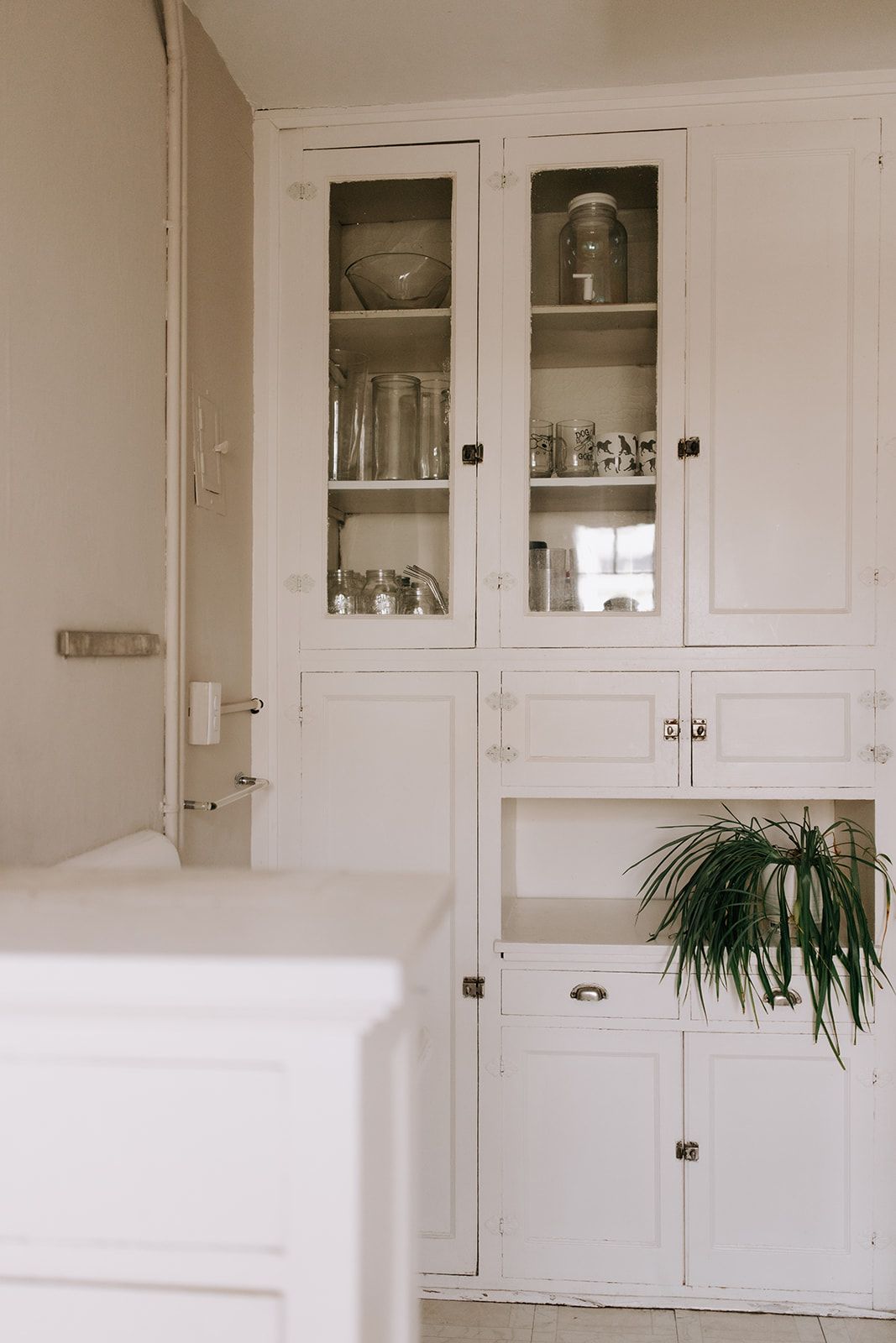 A kitchen with a white built-in on the back wall. The built-in has beautiful glassware inside and a green plant sitting on the shelf. South Minneapolis apartments by RightMove Properties.
