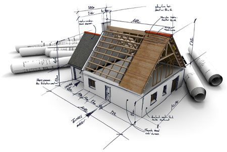 3D rendering of an architecture model, with rolled up blueprints and handwritten notes and measurements