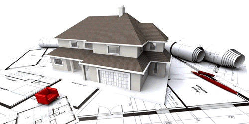 House mockup on architect's blueprints with rolled-up plans
