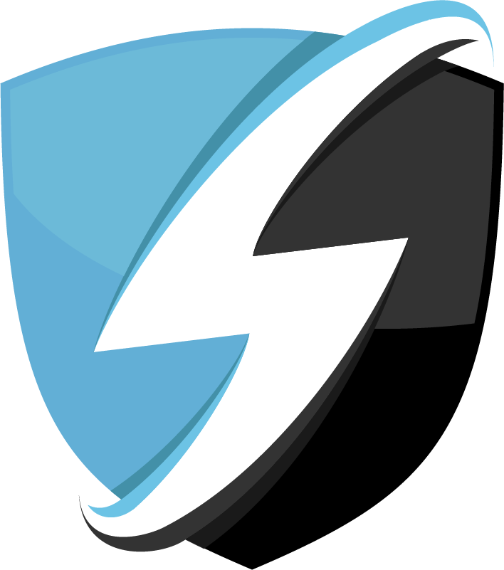 Blue and black shield with a white lightning bolt and curved lines.