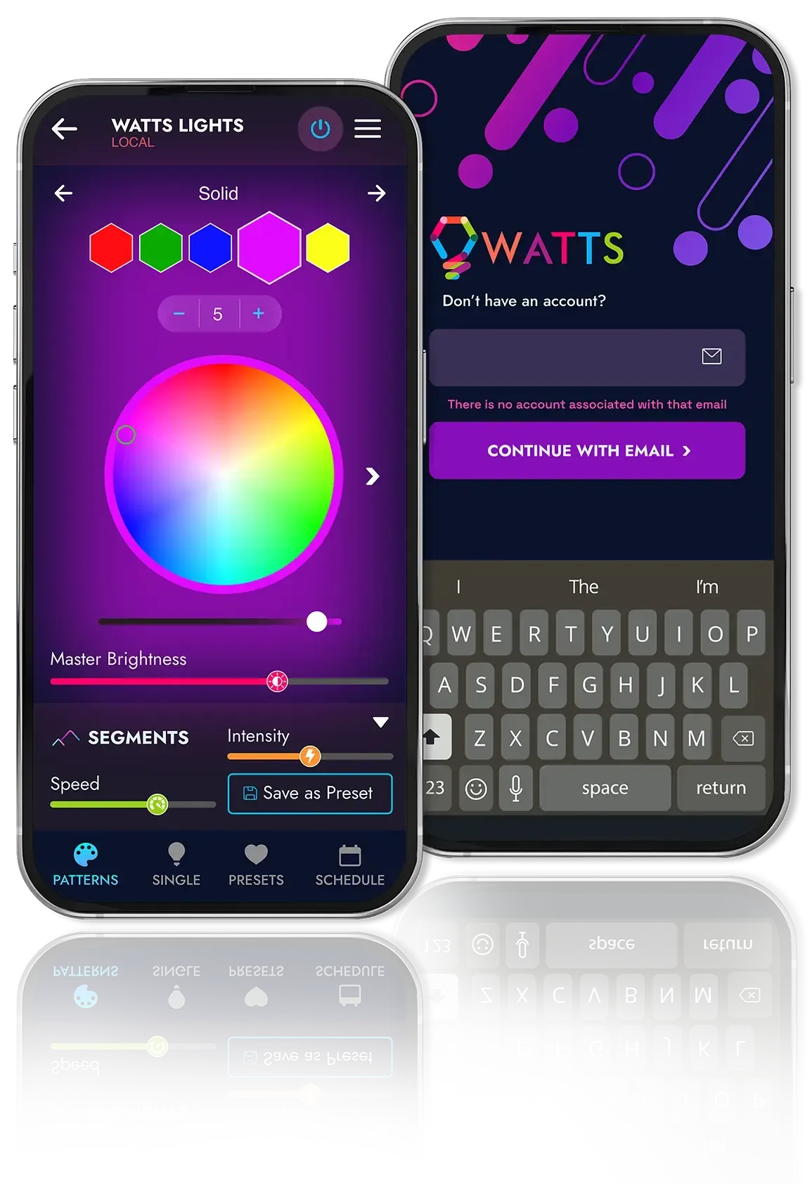 Two smartphones displaying a smart light control app with color options and account login.