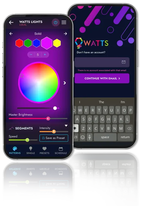 Two smartphones displaying a smart light control app with color options and account login.