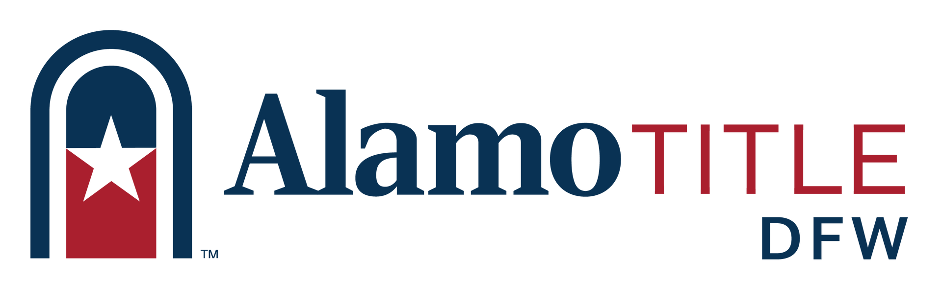 Logo for Alamo Title DFW, featuring a stylized arch with a star, the name, and 