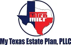 Logo for My Texas Estate Plan, PLLC featuring a circle containing a map of Texas colored with red, white, and blue.