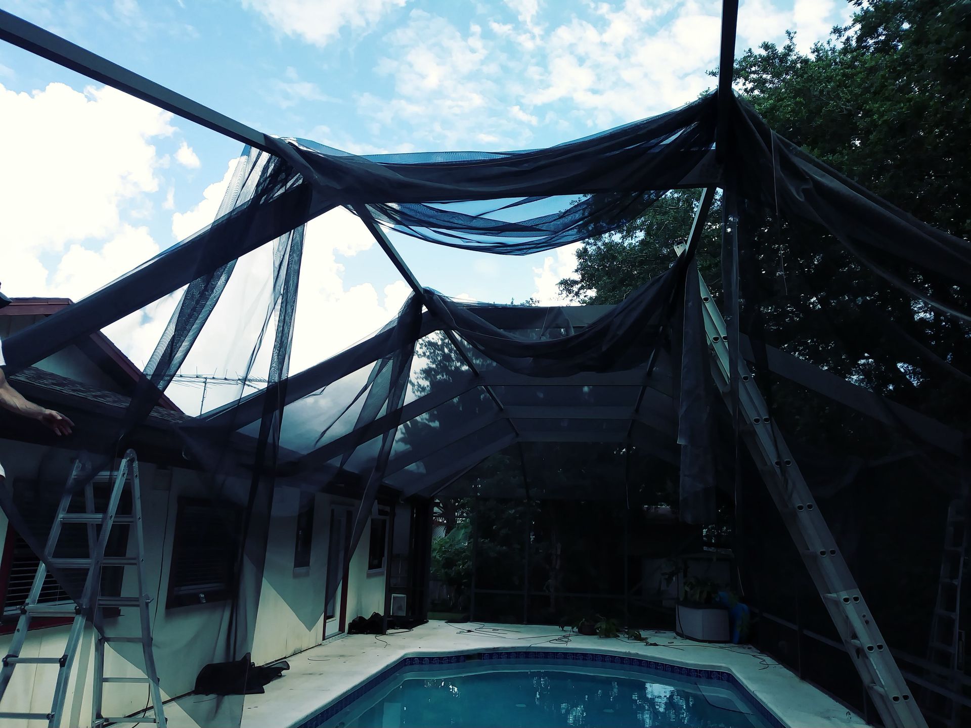 A screened in swimming pool with a ladder in front of it