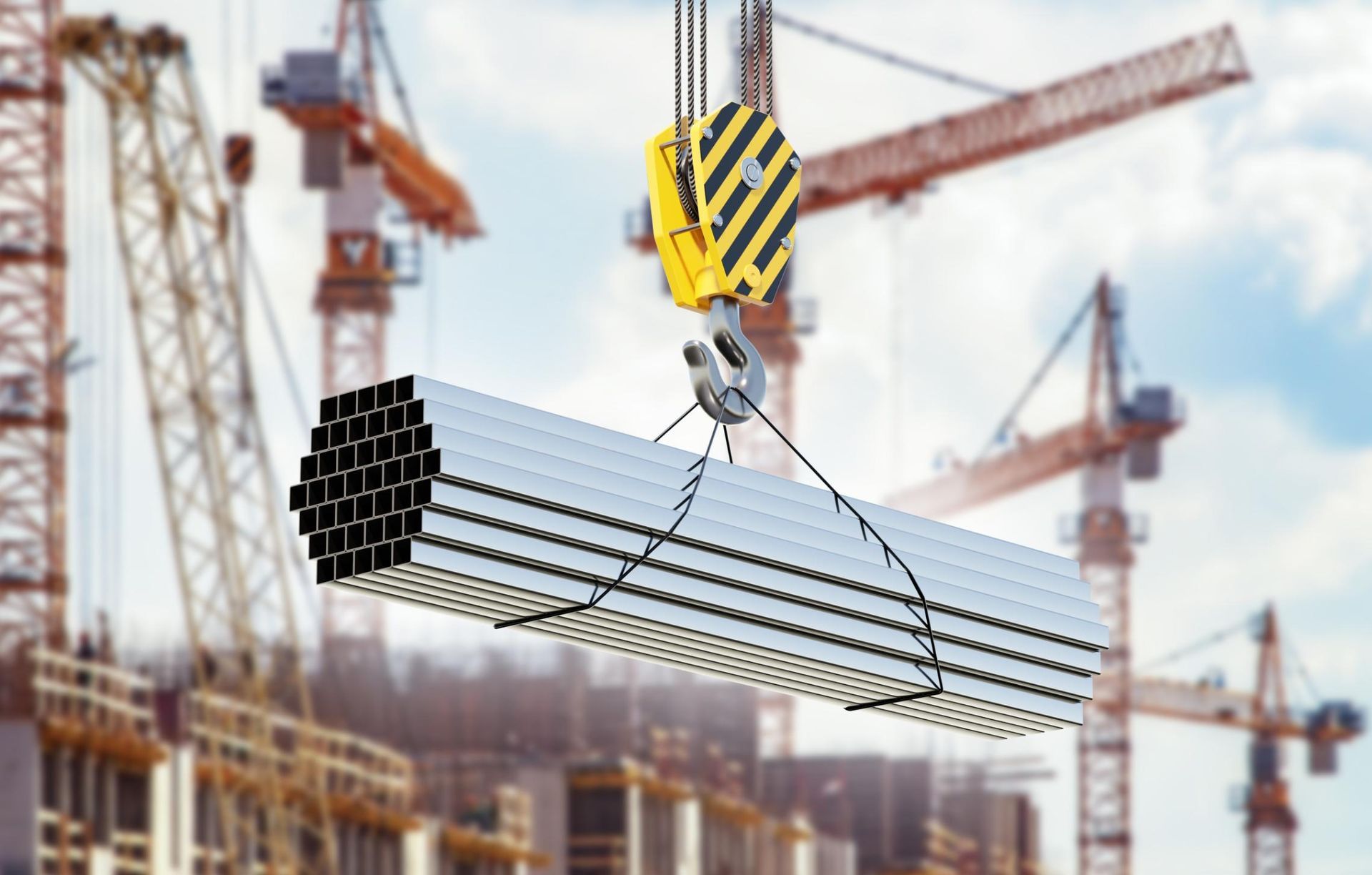 A crane lifting a bundle of rectangular metal beams at a construction site.