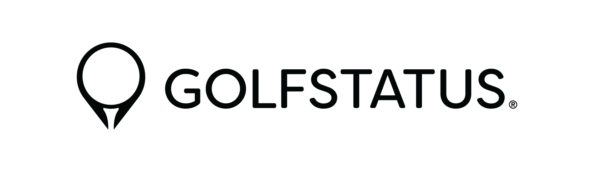 A black and white logo for golf status with a pin on a white background.