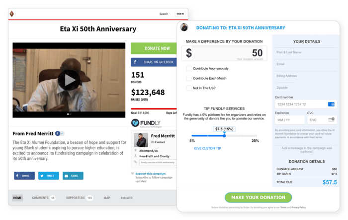 A fundraising campaign page for the Eta Xi Alumni Foundation that includes a personal video explaining why the cause is important.