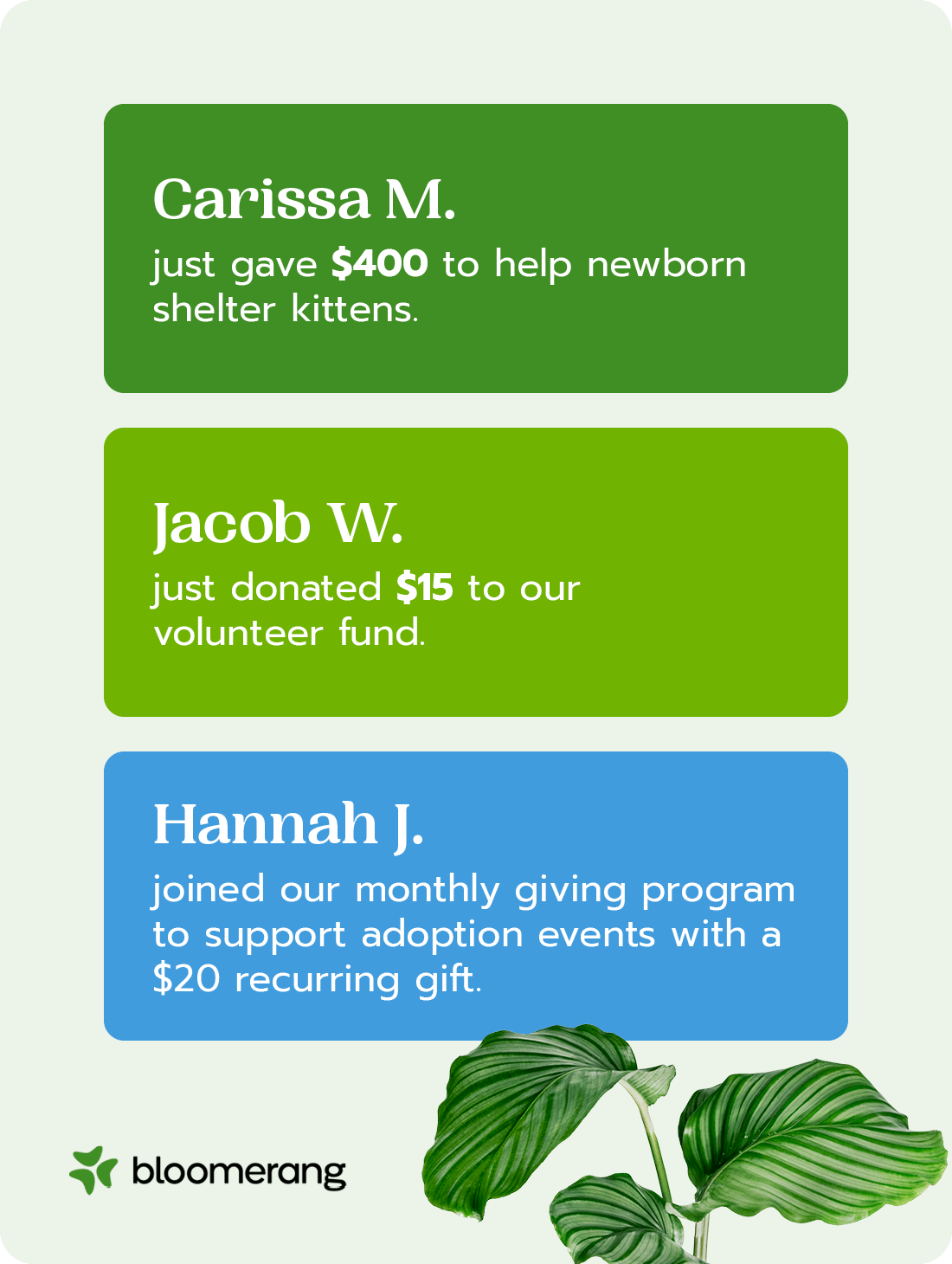 An example of what your donation tracker could look like, with donors’ names, gift amounts and types, and impact listed